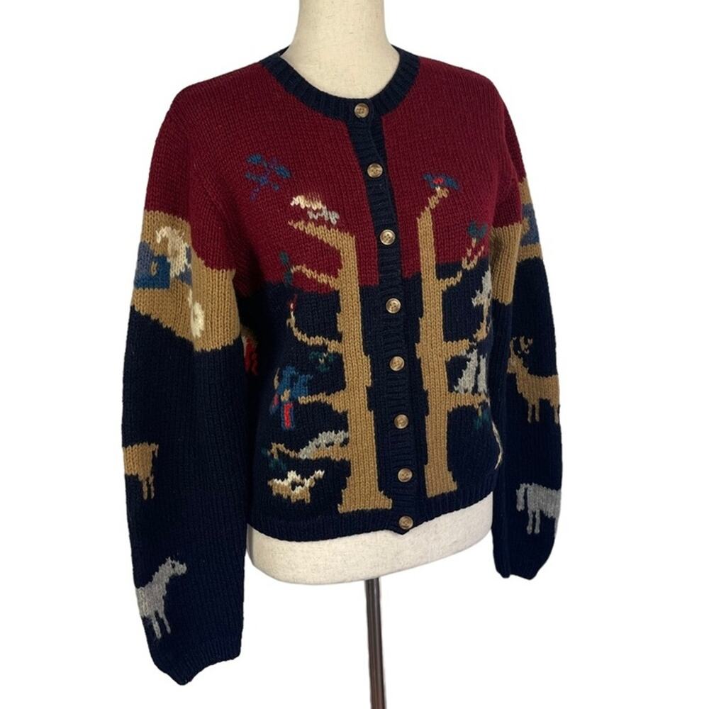 Vintage 80s Cardigan Sweater 100% Shetland Wool Animal Motif Women's Small - Picture 5 of 9